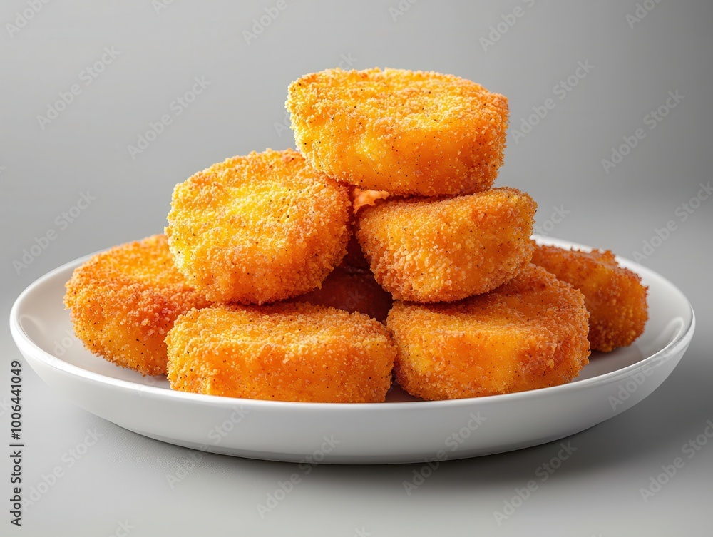Frozen chicken nuggets on a plate, crispy exterior, 3D illustration Frozen chicken nuggets on a plate, crispy exterior, 3D illustration