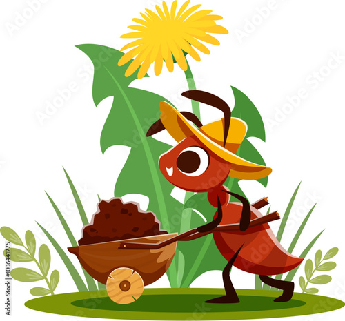 Cartoon ant pushing wheelbarrow with soil on meadow, vector funny character. Ant worker or farmer gardener in summer hat carrying earth soil in wheelbarrow cart for anthill building for kids story