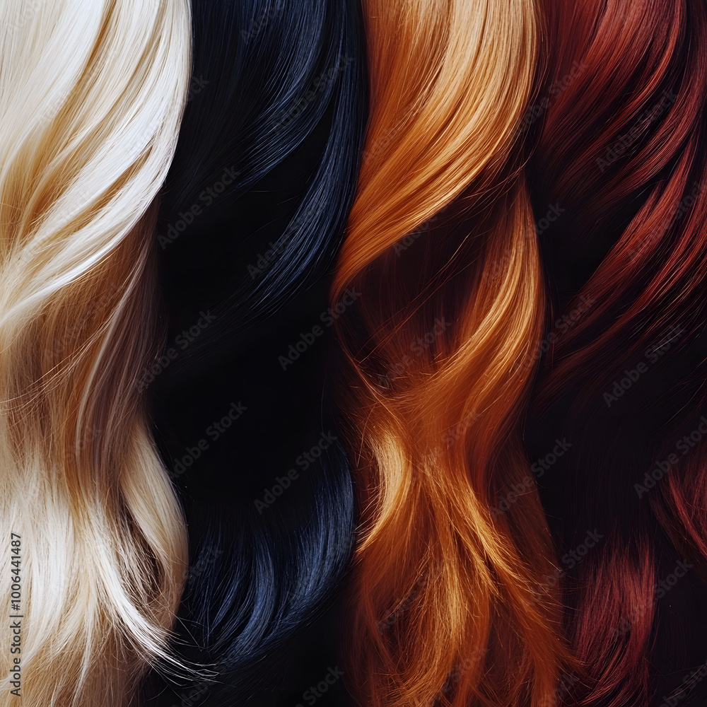 Naklejka premium Elegant hair color variety featuring platinum blonde, deep black, fiery red, and rich auburn shades. Perfect for salons, hair inspiration, color ideas, and hairstyling trends for modern looks