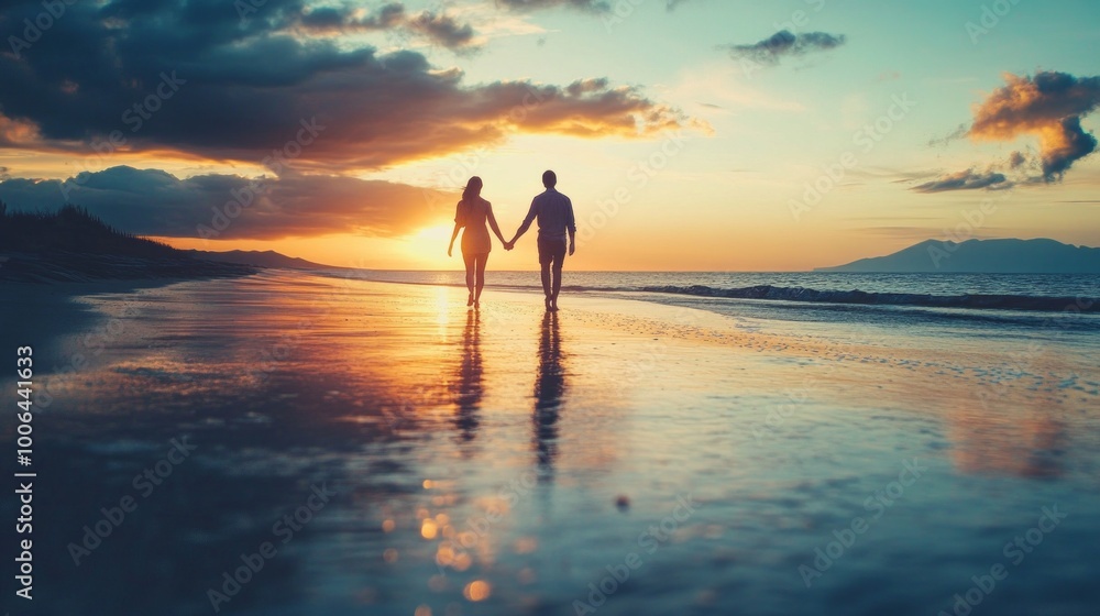 Fototapeta premium Sunset Stroll: Couple Walking Hand-in-Hand on the Beach