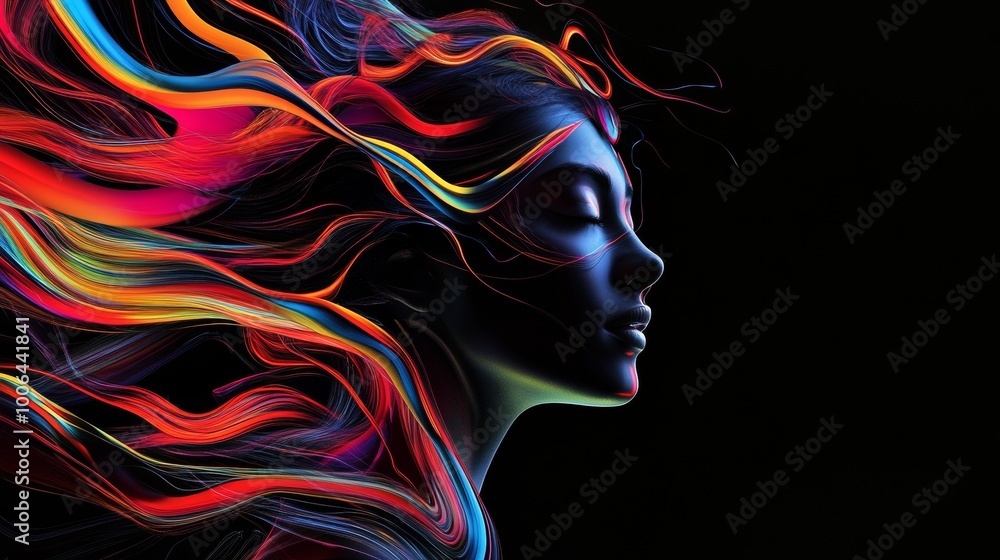 Woman connecting with colorful energy flow on black background Woman connecting with colorful energy flow on black background