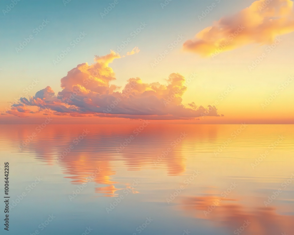 Fototapeta premium Captivating sunset over a calm ocean, featuring vibrant clouds reflecting on tranquil waters. Perfect for themes of serenity, nature, and beauty.