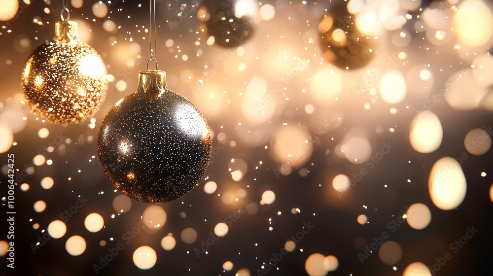 Elegant holiday ornaments hang against a shimmering backdrop, creating a festive and magical atmosphere. Elegant holiday ornaments hang against a shimmering backdrop, creating a festive and magical atmosphere.