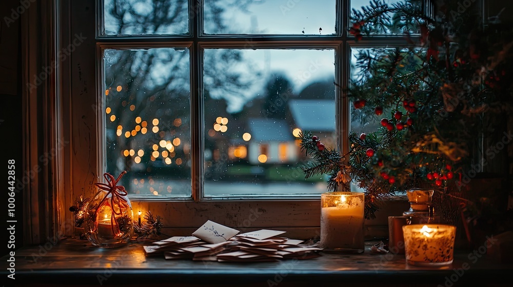 Obraz premium Winter British Norfolk, England. Idyllic, romantic scene. A front view of the window from the cozy house, lights and Christmas atmosphere,