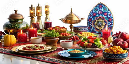 3D Icon of a Stunning Yalda Night Table Setting: Vibrant Colors and Traditional Items in a Beautifully Designed Wide Shot