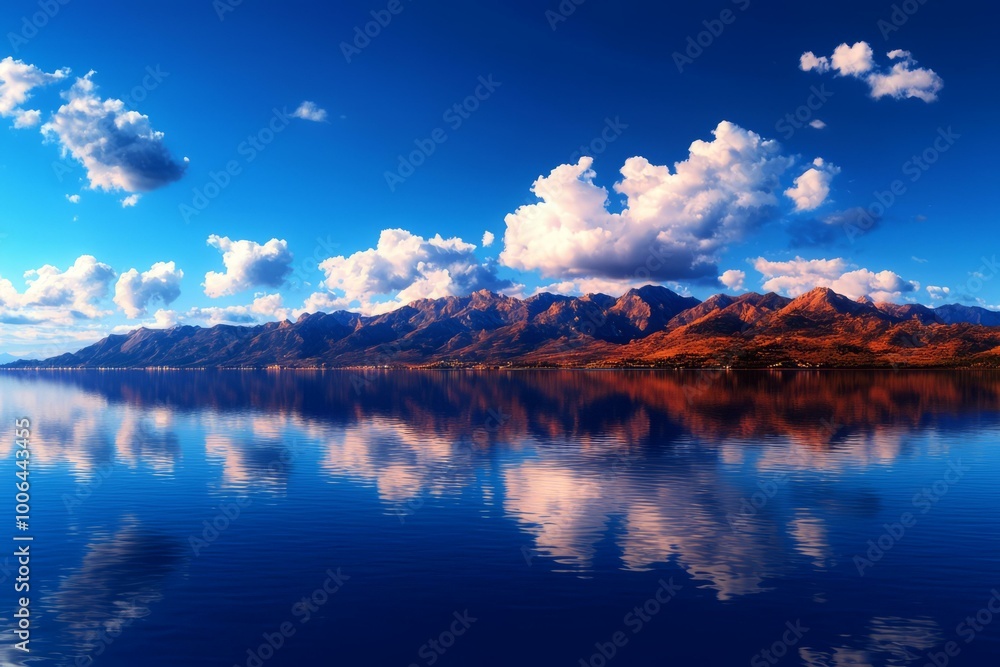 Obraz premium Stunning mountain reflection in clear blue lake, surrounded by vibrant sky and clouds.