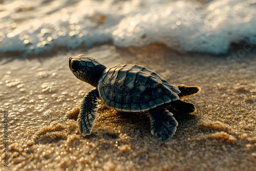 A baby sea turtle crawling towards the ocean at sunrise, symbolizing the beginning of life's journey. Captures the beauty of nature, wildlife, and the turtle's determination to reach the sea

 photo