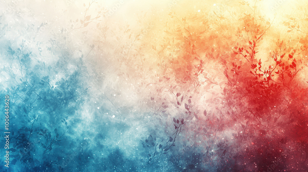 Fototapeta premium A softly blurred gradient artwork featuring blend of blue, orange, and red hues with delicate foliage silhouettes. This serene composition evokes sense of calm and tranquility