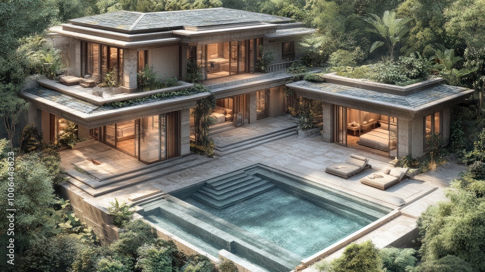 Fototapeta premium Modern villa surrounded by lush greenery with a swimming pool.