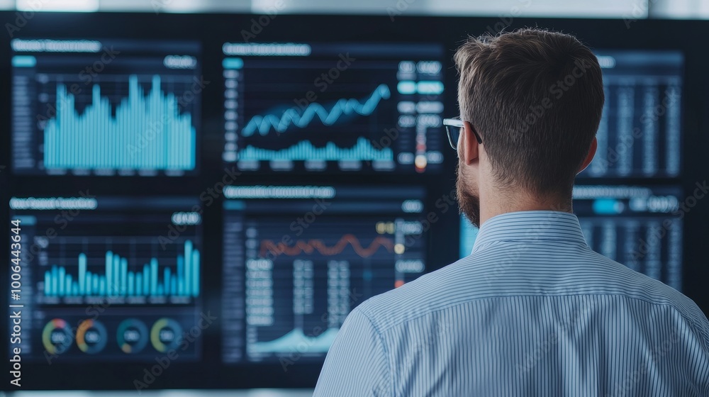 Professional analyzing data on multiple screens in a modern office setting. Professional analyzing data on multiple screens in a modern office setting.