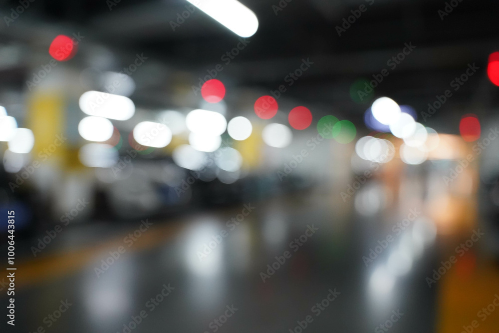 Blurred parking image,Parking in interior shot of multi-story car park, underground parking with cars.