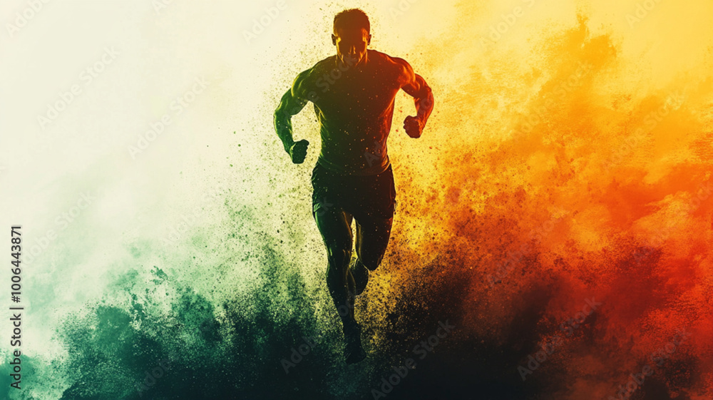 Naklejka premium silhouette of strong, sports and fit running man in green and orange colors