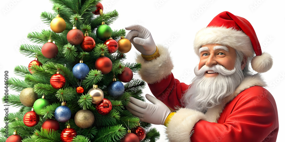3D Santa Decorating a Christmas Tree with Glossy Ornaments - Close-Up of Hands in Action on Clean White Background for Festive Creativity 3D Santa Decorating a Christmas Tree with Glossy Ornaments - Close-Up of Hands in Action on Clean White Background for Festive Creativity