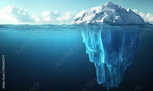 A large iceberg floats in the ocean with only a small portion visible above the waterline.