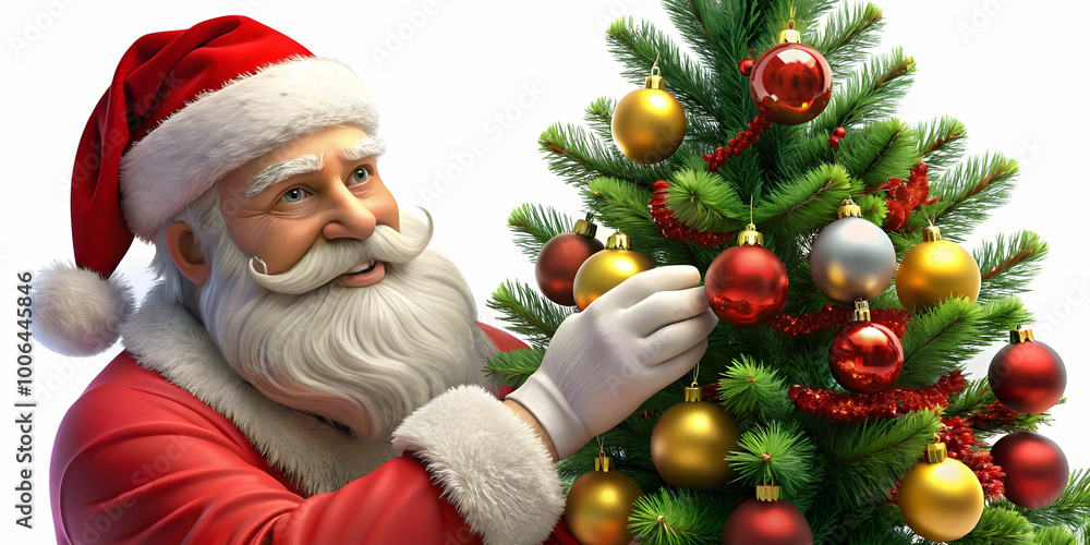 3D Santa Decorating a Christmas Tree with Glossy Ornaments: Festive Concept with Zoomed-In Detail on Hands, Perfect for Holiday Designs on Clean White Background 3D Santa Decorating a Christmas Tree with Glossy Ornaments: Festive Concept with Zoomed-In Detail on Hands, Perfect for Holiday Designs on Clean White Background
