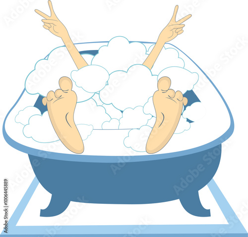 Happy person taking a bath.
Bathtub. Hands with victory gesture and feet of the happy person jut out from the foam bath
