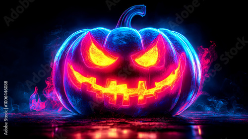 Vicious Evil Haunted Black Halloween Pumpkins, Funny 3D Cartoon. Darkness, Mystery, Angry Carved Jack-o-Lantern Faces, Spooky, Scary. Minimal Trendy Seasonal Art Background