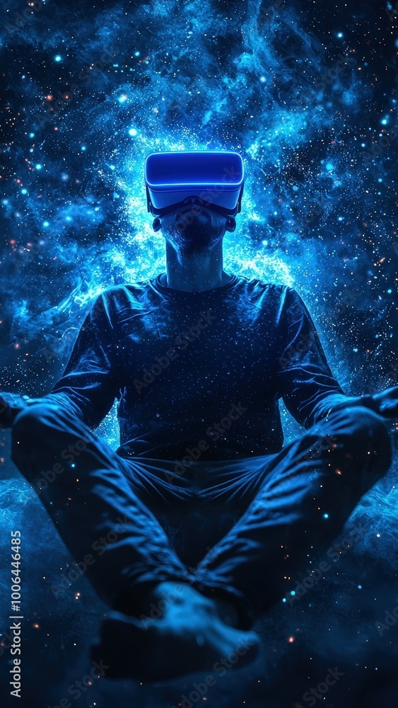 Fototapeta premium Man In Virtual Reality Headset Floating In A Nebula