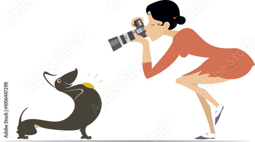 Proud dog and photographer woman. 
Dog show. Young photographer woman makes a shot of happy dog with a medal 

