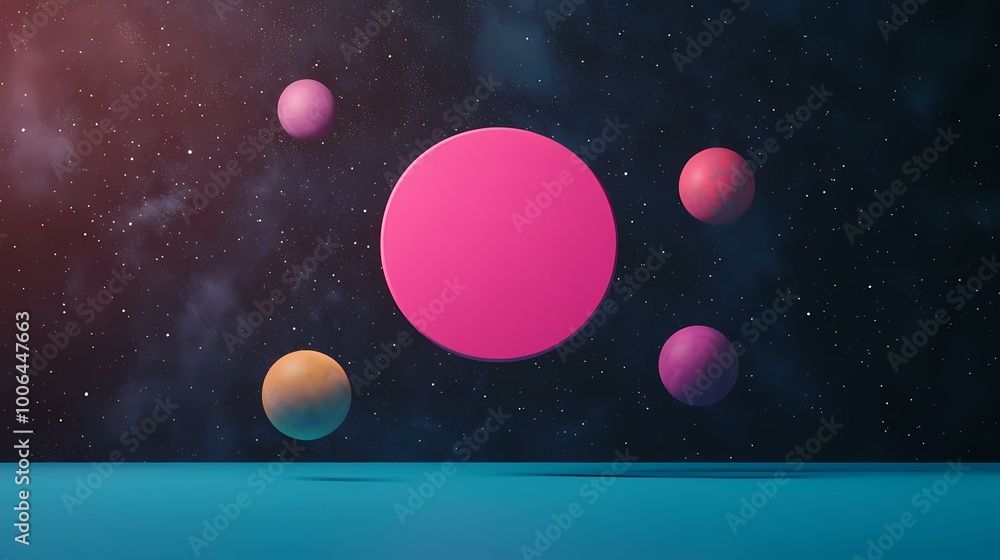 Fototapeta premium The image contains a dark blue night sky with white stars, a pink, a reddish, and a violet sphere, a pale orange sphere, and a teal blue surface below. A night sky with multiple planets of various co