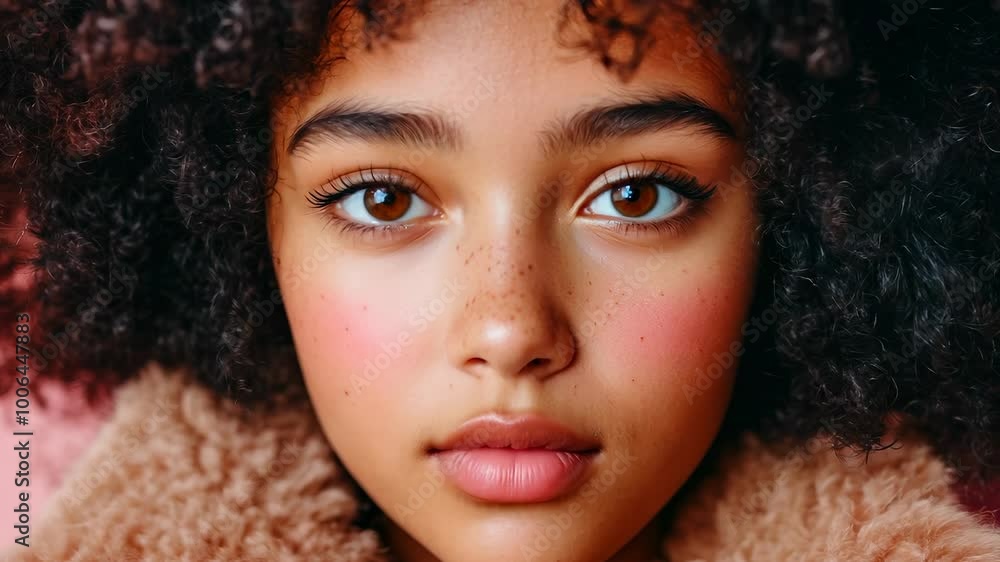 Biracial girl with curly afro and tooth gem in furry coat representing Gen Z fashion and style Biracial girl with curly afro and tooth gem in furry coat representing Gen Z fashion and style
