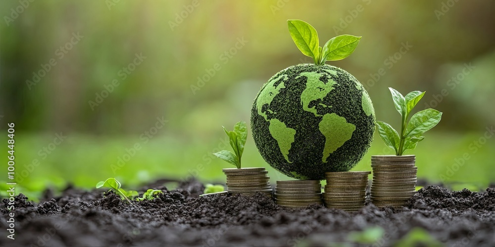 A small globe with growing plants on top of stacked coins in soil. A small globe with growing plants on top of stacked coins in soil.
