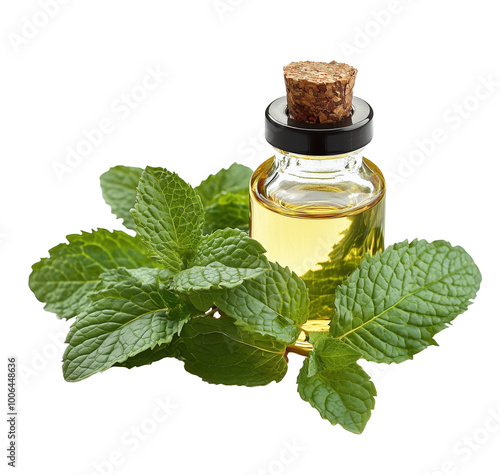 A bottle of pure peppermint oil surrounded by vibrant green mint leaves on a clean white backdrop