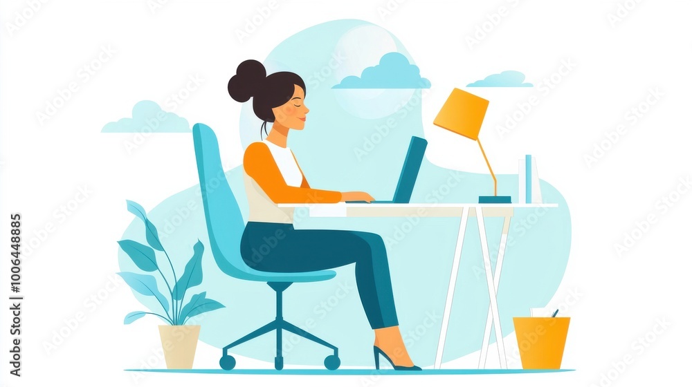 A woman sits at her desk, calmly working on a complex task. Her positive mindset helps her stay focused and productive, no matter the challenge A woman sits at her desk, calmly working on a complex task. Her positive mindset helps her stay focused and productive, no matter the challenge