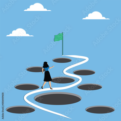 Smart businesswoman avoid numerous pitfalls to achieving business success. He bravely navigates past mistakes and failures, utilizing his skills and creativity to solve problems and overcome adversity