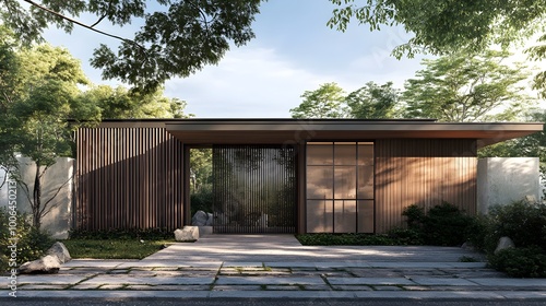  Modern wooden fence with metal gate, modern home entrance design, exterior front view