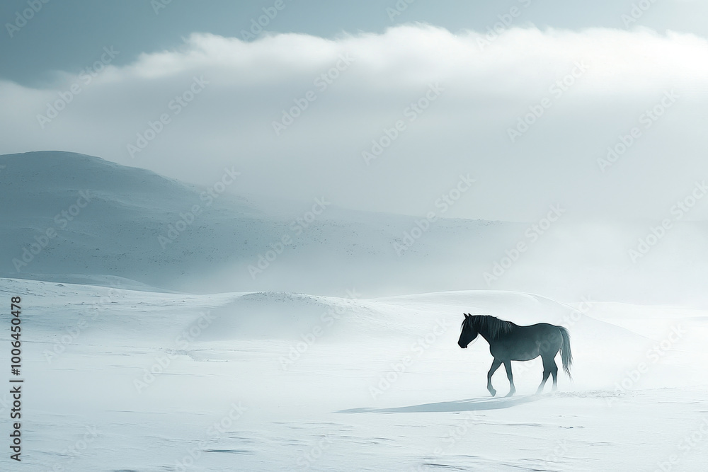 A lone horse walks gracefully through vast, snowy landscape, surrounded by soft, swirling snow and distant hills. serene atmosphere evokes sense of tranquility and solitude A lone horse walks gracefully through vast, snowy landscape, surrounded by soft, swirling snow and distant hills. serene atmosphere evokes sense of tranquility and solitude