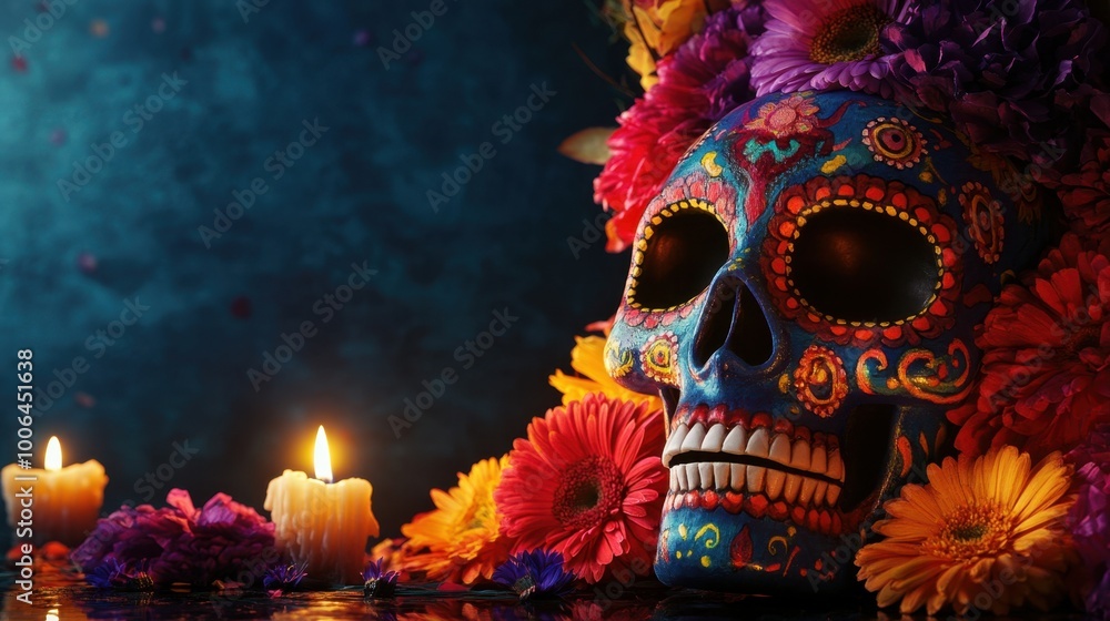 Dark, mysterious background with a colorful skull, flowers, and candles illuminating the scene, offering a rich and cultural vibe Dark, mysterious background with a colorful skull, flowers, and candles illuminating the scene, offering a rich and cultural vibe