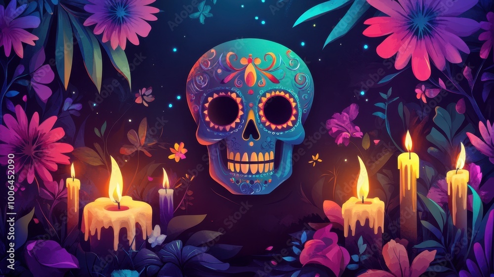 Dark, mysterious background with a colorful skull, flowers, and candles illuminating the scene, offering a rich and cultural vibe Dark, mysterious background with a colorful skull, flowers, and candles illuminating the scene, offering a rich and cultural vibe