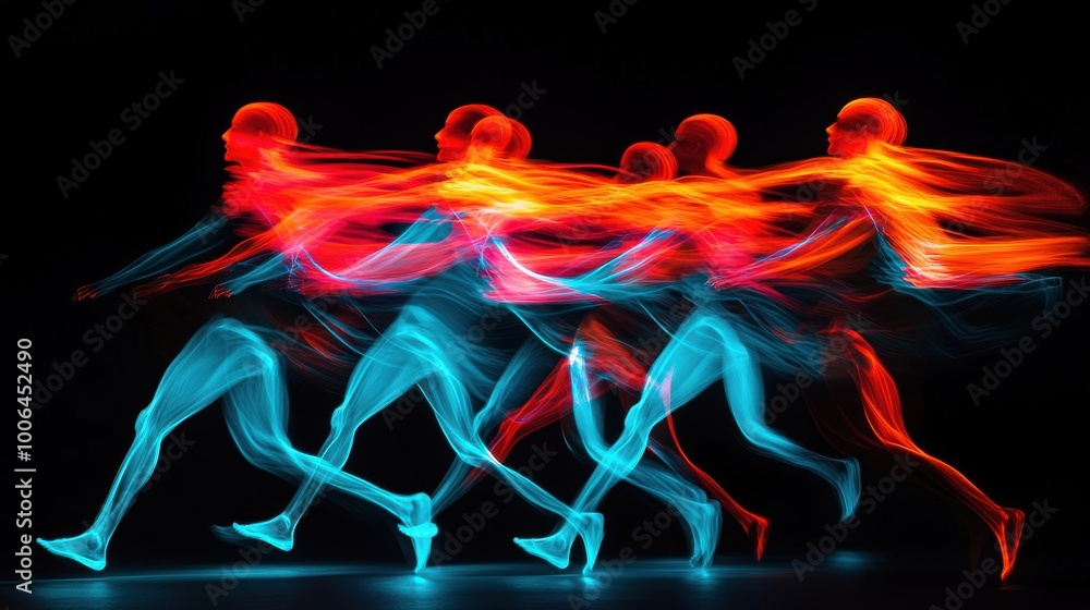 Abstract human silhouettes in motion, each one trailing energy lines that weave and merge together to form a glowing, unified shape, representing synergy in teamwork and collaboration Abstract human silhouettes in motion, each one trailing energy lines that weave and merge together to form a glowing, unified shape, representing synergy in teamwork and collaboration