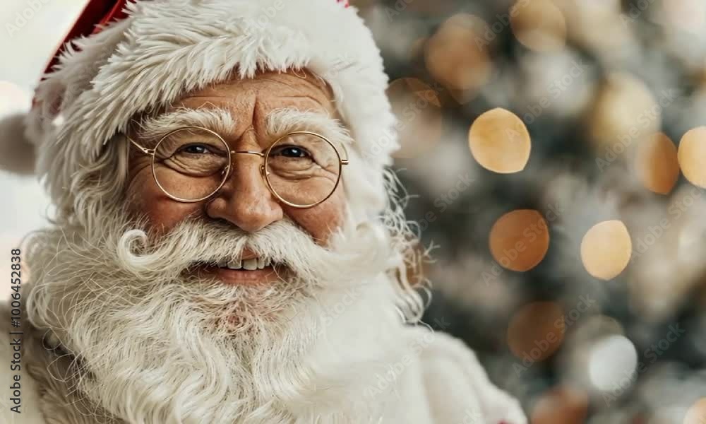 Jolly Santa Claus Portrait with Festive Christmas Bokeh Background Jolly Santa Claus Portrait with Festive Christmas Bokeh Background