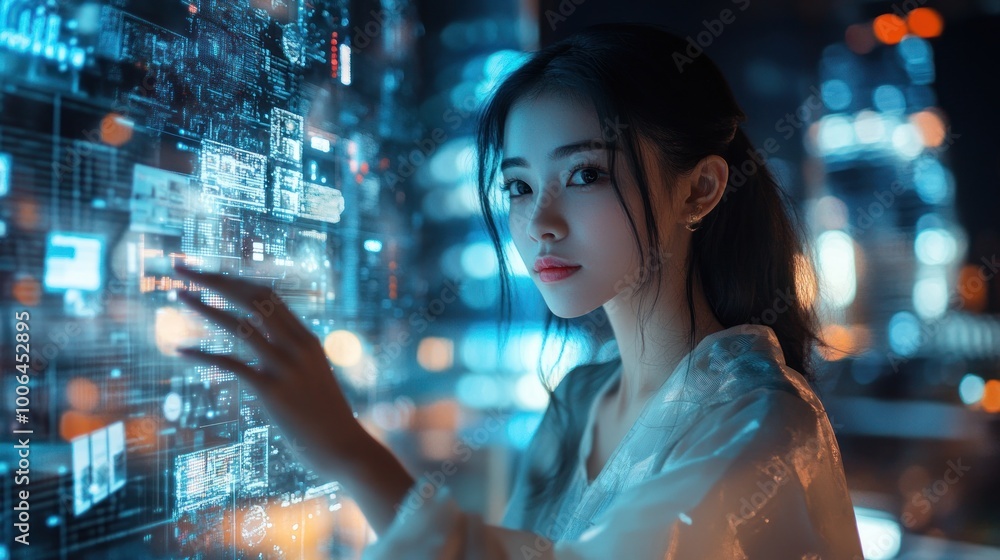 Woman Interacting With Digital Interface Woman Interacting With Digital Interface