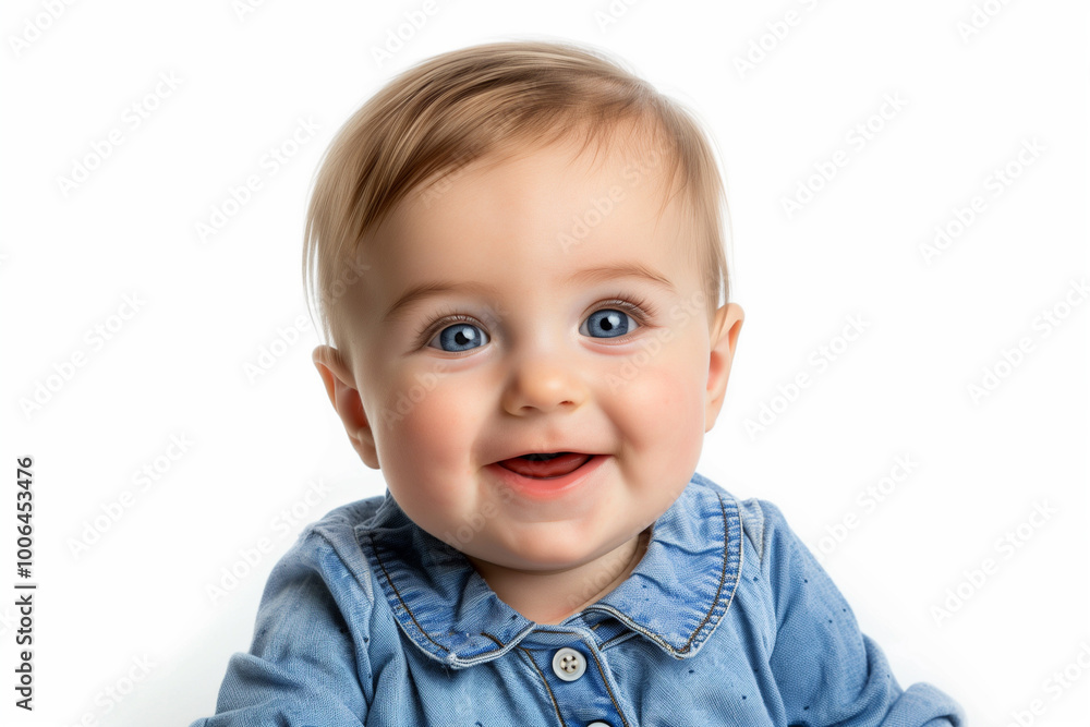 Adorable cute baby with blue eyes smiling isolated on a white background Adorable cute baby with blue eyes smiling isolated on a white background