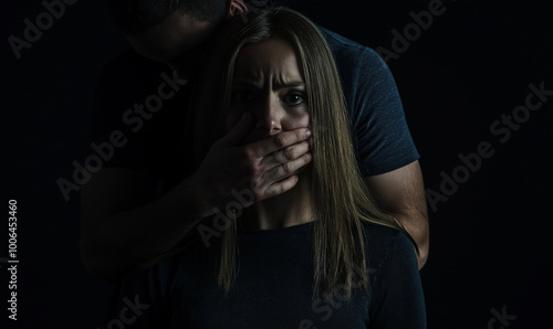 Terrified woman being silenced by a man in a dark setting, representing fear, control, and the grim reality of abuse and domestic violence