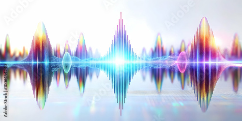 Holographic Political Speech Analysis: Medium Shot of Glowing Keyword Waveform for Rhetoric Insights on White Background