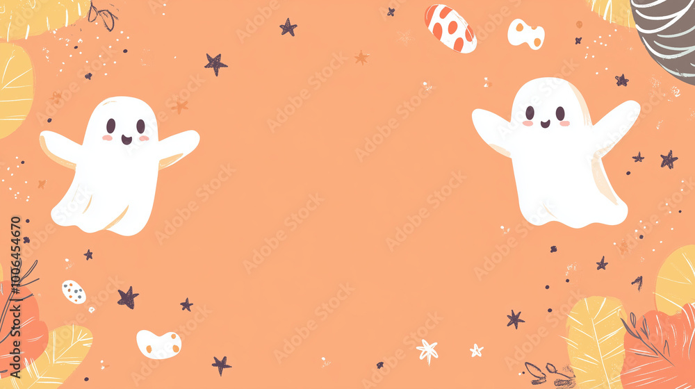 Cartoon Ghosts on Orange Background with Leaves Cartoon Ghosts on Orange Background with Leaves