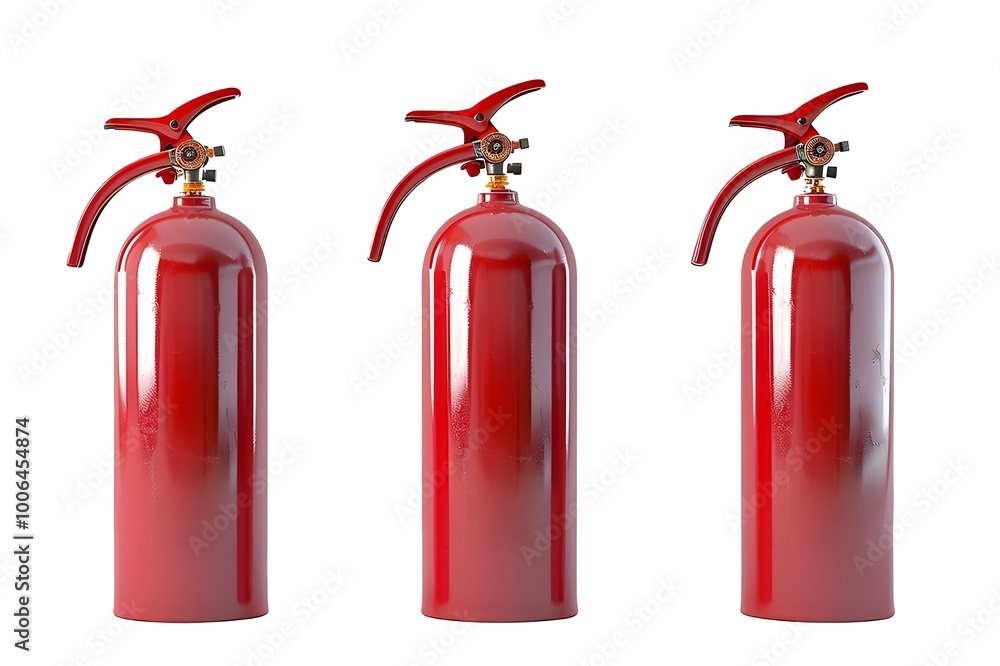 Obraz premium Red and white colors, three views of the product, industrial design for home fire extinguishers in the style.