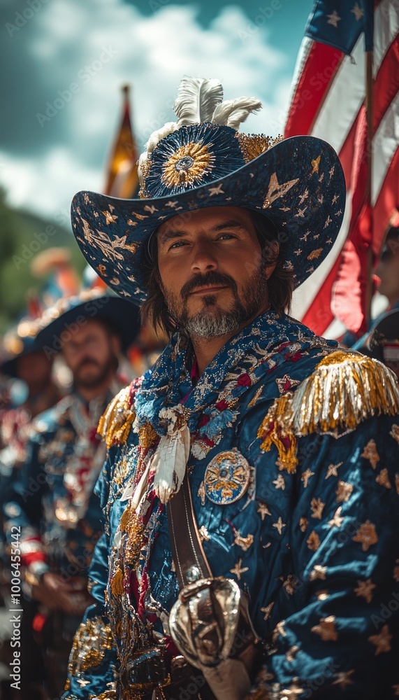 Fototapeta premium Man in elaborate costume at a festive outdoor event.