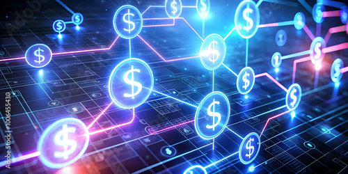 Wallpaper Mural Holographic Campaign Finance Flowchart Concept: Wide Shot of Complex Processes with Glowing Arrows and Dollar Symbols Amidst Clean Background for Photo Stock Torontodigital.ca