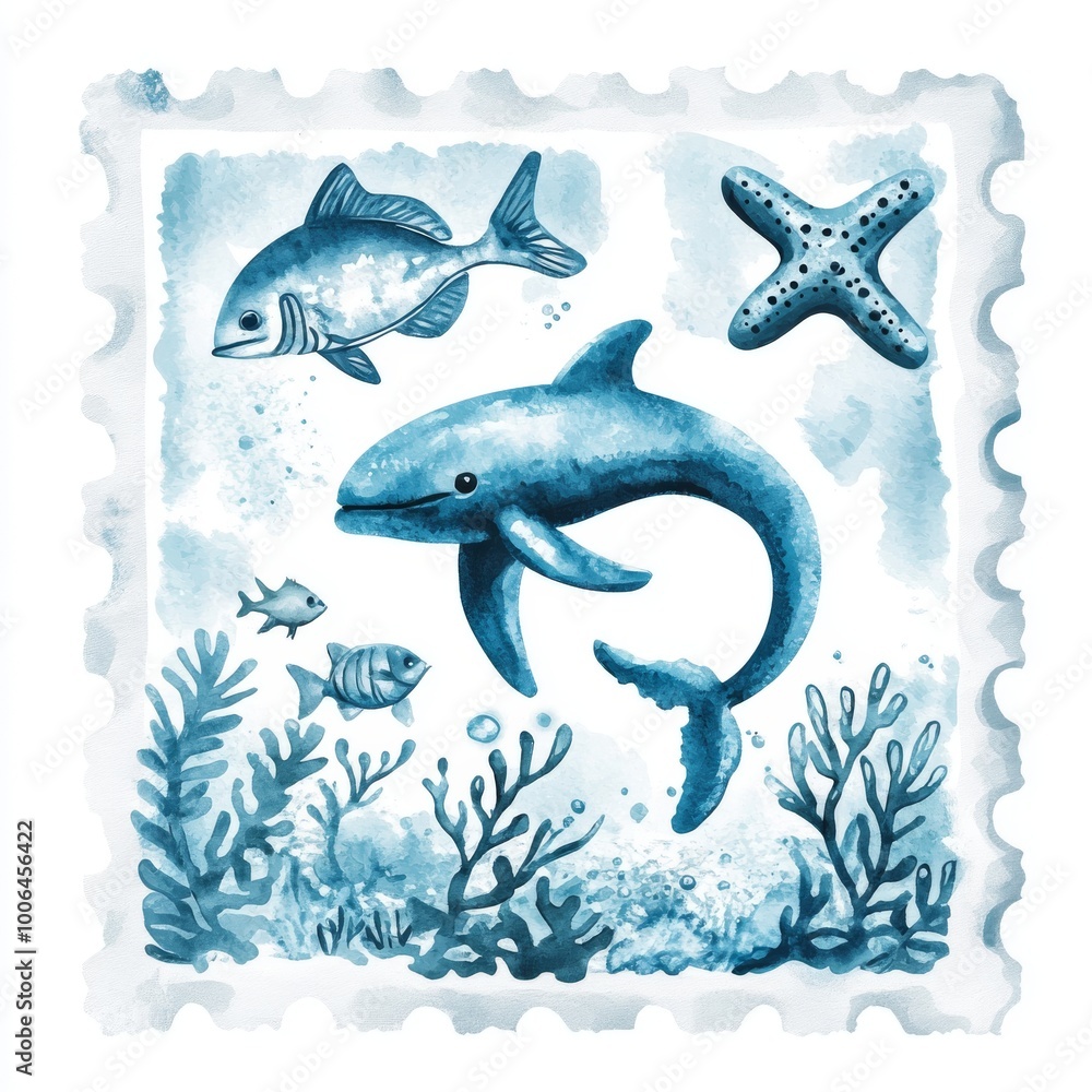 Underwater Wildlife in Blue Watercolor Stamp Underwater Wildlife in Blue Watercolor Stamp
