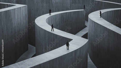An abstract maze made of tall concrete walls, with individuals wandering alone in separate paths, representing confusion and the lack of teamwork caused by silo mentality