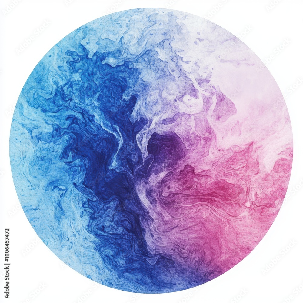 Round watercolor paint spot with liquid texture creating fluid and organic forms in a gradient effect isolated on white background in center Round watercolor paint spot with liquid texture creating fluid and organic forms in a gradient effect isolated on white background in center