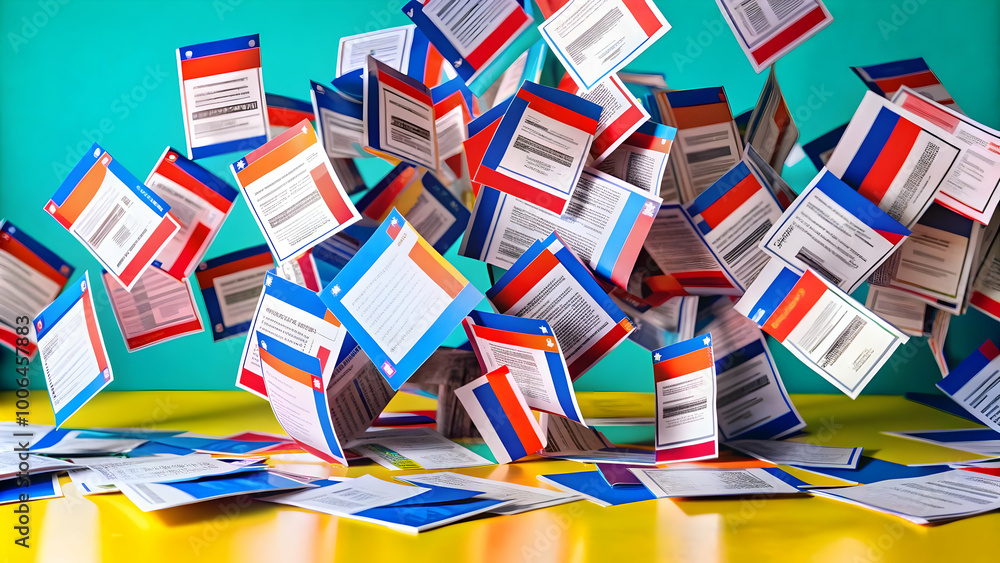 Gravity-Defying Ballot Papers Floating in Zero Gravity: Wide Shot of Tumbling Ballots Illustrating the Weightiness of Electoral Decisions Against a White Backdrop Gravity-Defying Ballot Papers Floating in Zero Gravity: Wide Shot of Tumbling Ballots Illustrating the Weightiness of Electoral Decisions Against a White Backdrop