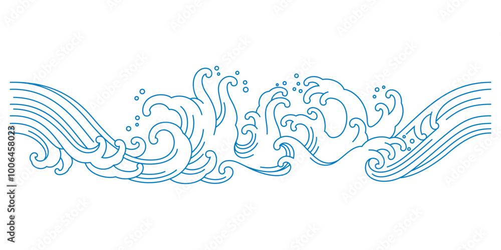 Fototapeta premium oriental ocean sea waves line art seamless pattern
