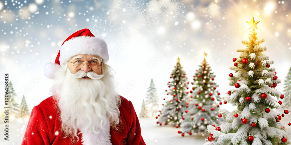 3D Santa in a Glossy Winter Wonderland: Captivating Scene with Sparkling Snowflakes and Ample Text Space for Holiday Greetings 3D Santa in a Glossy Winter Wonderland: Captivating Scene with Sparkling Snowflakes and Ample Text Space for Holiday Greetings