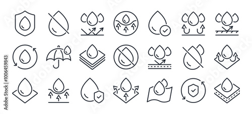 Waterproof and repellent surface editable stroke outline icons set isolated on white background flat vector illustration. Pixel perfect. 64 x 64
